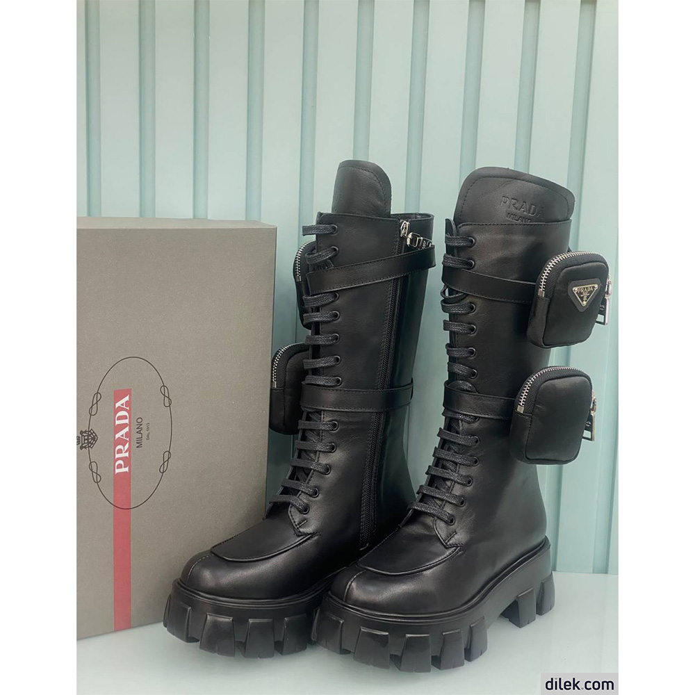 Prada Monolith Leather and Re-Nylon Boots with Pouch